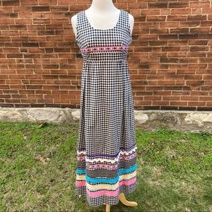 VTG 70s gingham maxi sundress with pastel floral trim, 28”